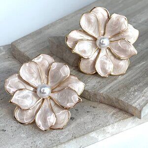 NEW ~ Anthropologie White Enamel and Pearl Flower Earrings